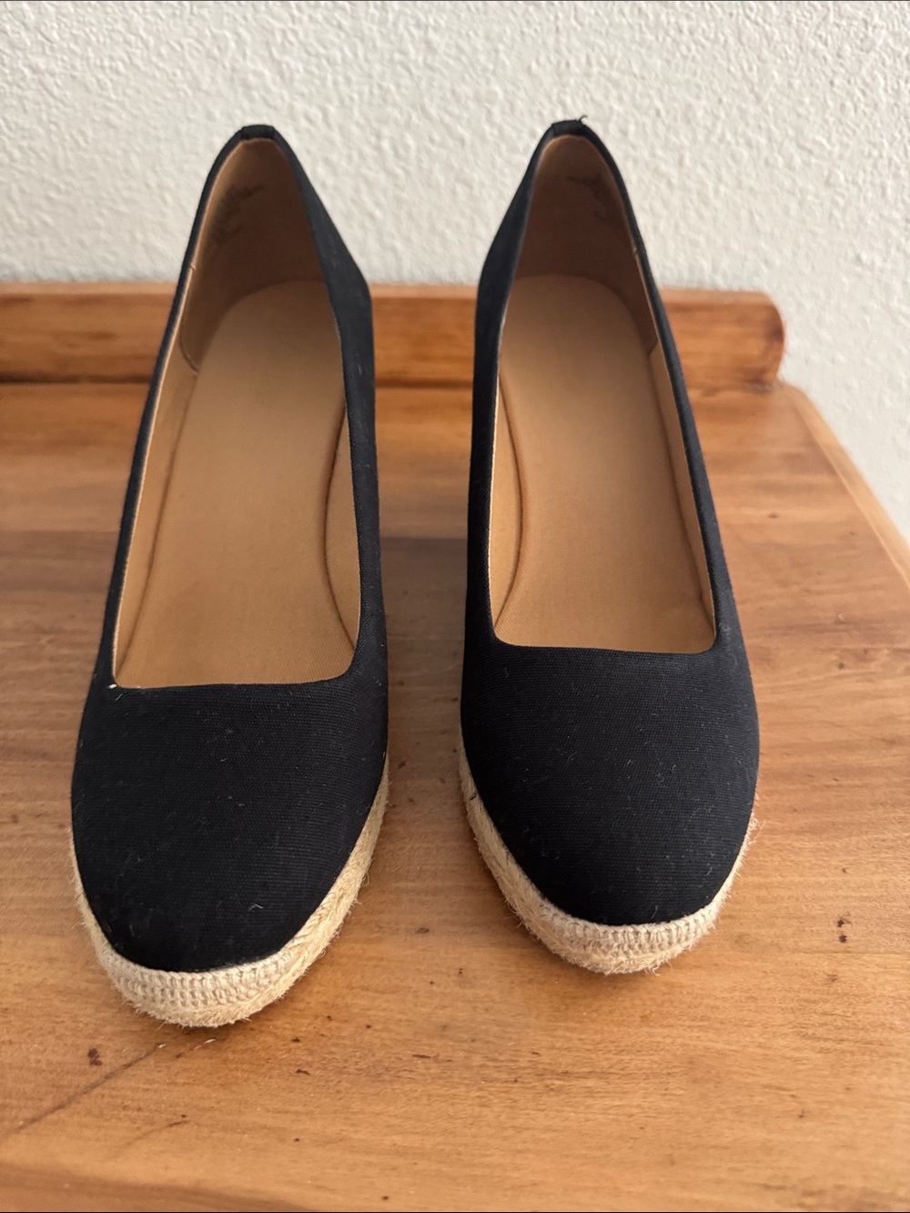 J. Crew Black Canvas Espadrille Wedge Pumps with Natural Rope Platform